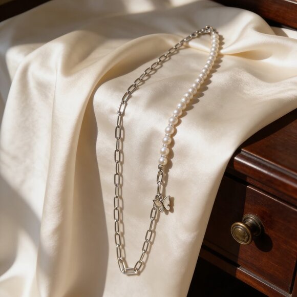 Paperclip chain and pearl Necklace w a Butterfly charm~ 20 in. - Picture 6 of 6